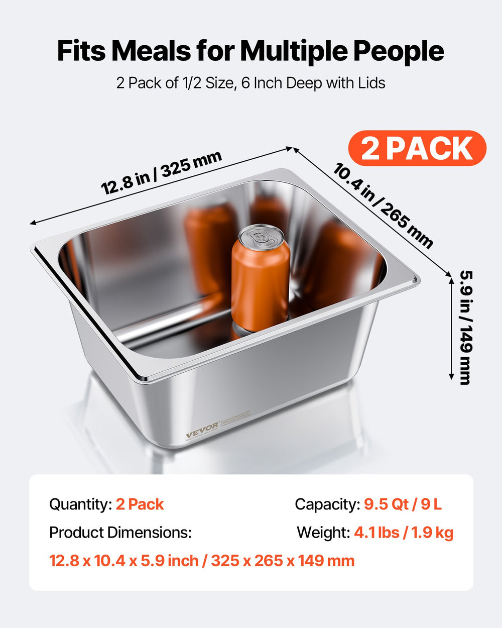 VEVOR Stainless Steam Hotel Pans with Lids, 1/2 Size x 148mm Deep, 9 L Table Steam Pans, Anti Jam Restaurant Supplies Reusable Catering Storage for Home, Party, Restaurant, Hotel, Buffet, 2 Pack
