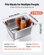VEVOR Stainless Steam Hotel Pans with Lids, 1/2 Size x 148mm Deep, 9 L Table Steam Pans, Anti Jam Restaurant Supplies Reusable Catering Storage for Home, Party, Restaurant, Hotel, Buffet, 2 Pack