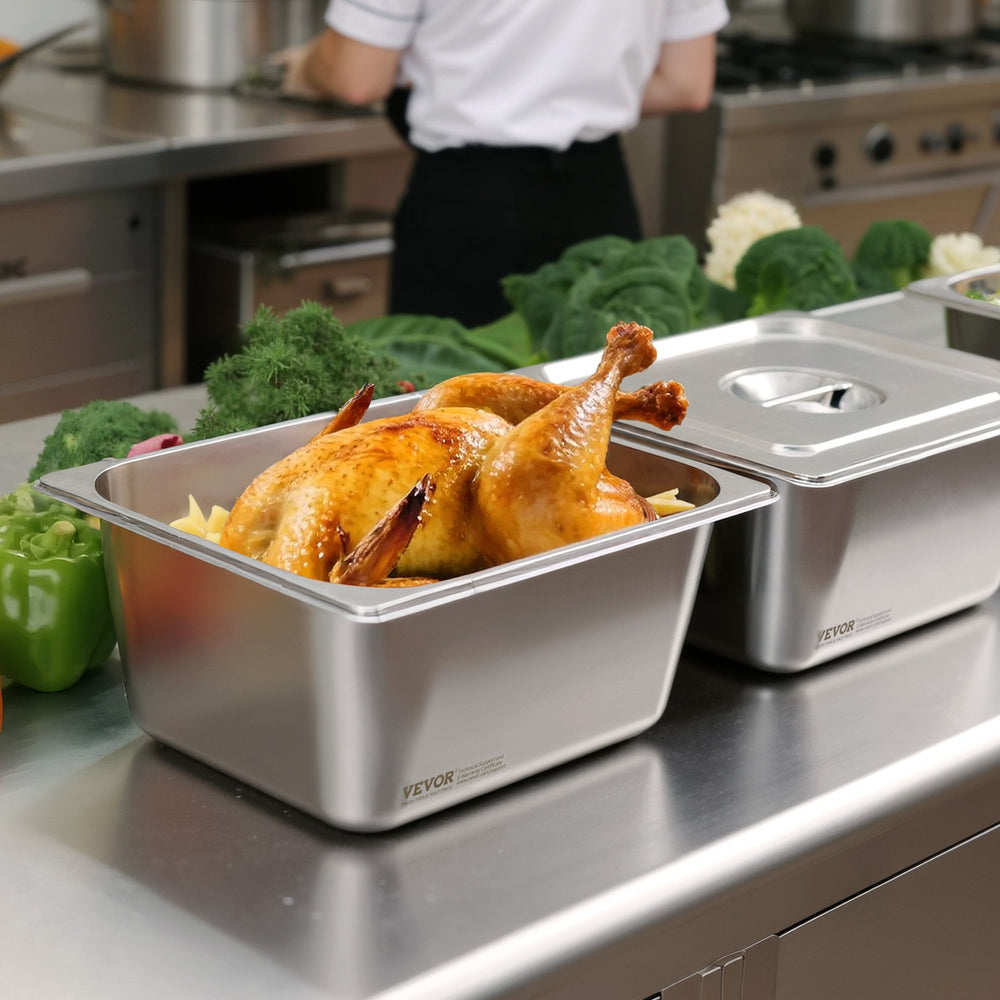 VEVOR Stainless Steam Hotel Pans with Lids, 1/2 Size x 148mm Deep, 9 L Table Steam Pans, Anti Jam Restaurant Supplies Reusable Catering Storage for Home, Party, Restaurant, Hotel, Buffet, 2 Pack