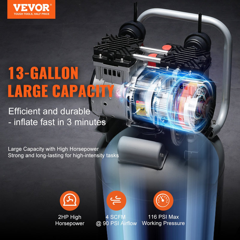 VEVOR 49.2 L Air Compressor 2HP 4 SCFM@90PSI Oil Free Air Compressor 116PSI