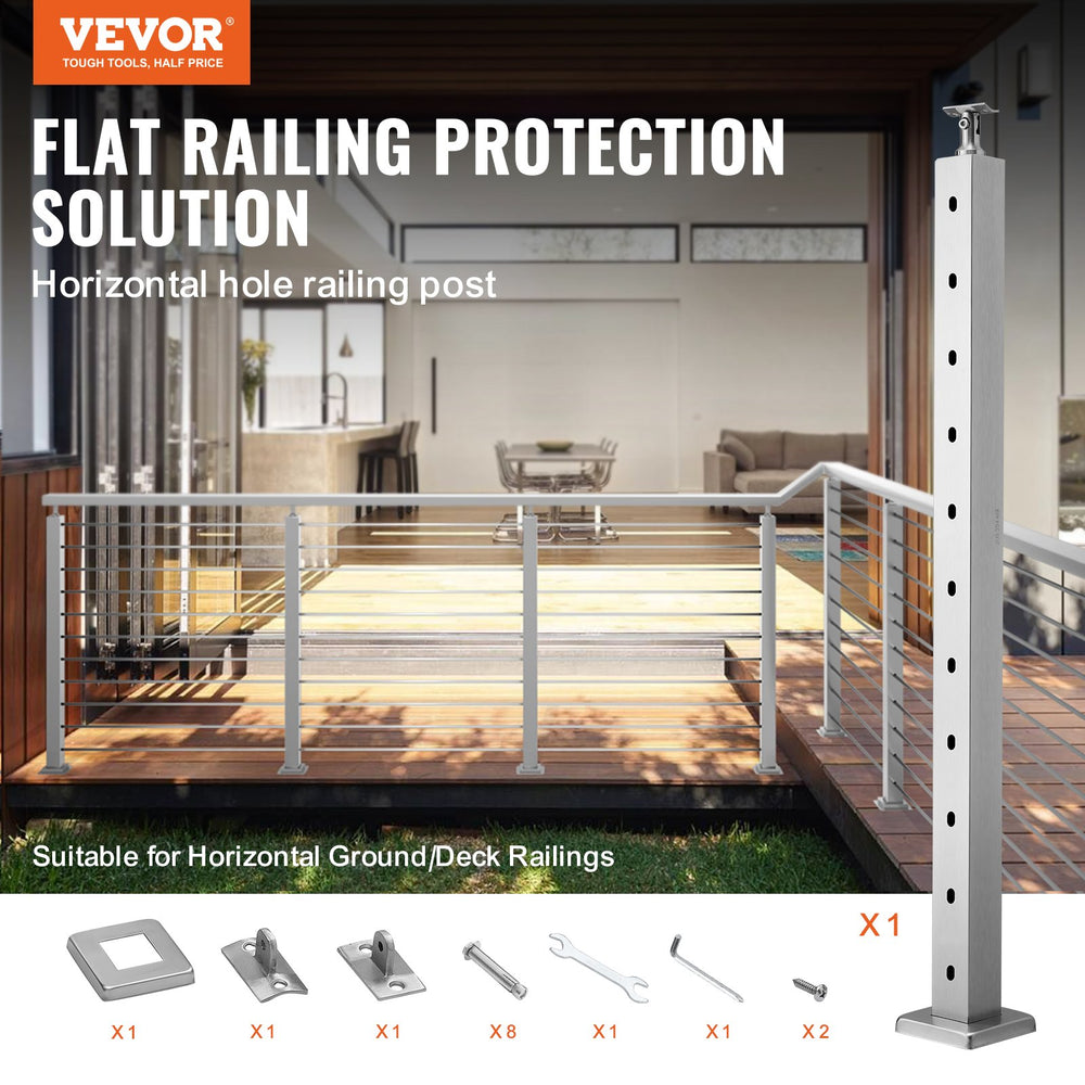 VEVOR Cable Railing Post 36x2x2in/91.4x5.1x5.1 cm Horizontal Hole Deck Railing Post Silver 1Pack
