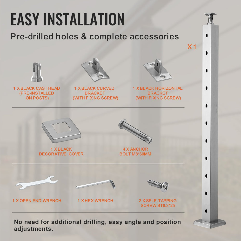 VEVOR Cable Railing Post 36x2x2in/91.4x5.1x5.1 cm Horizontal Hole Deck Railing Post Silver 1Pack