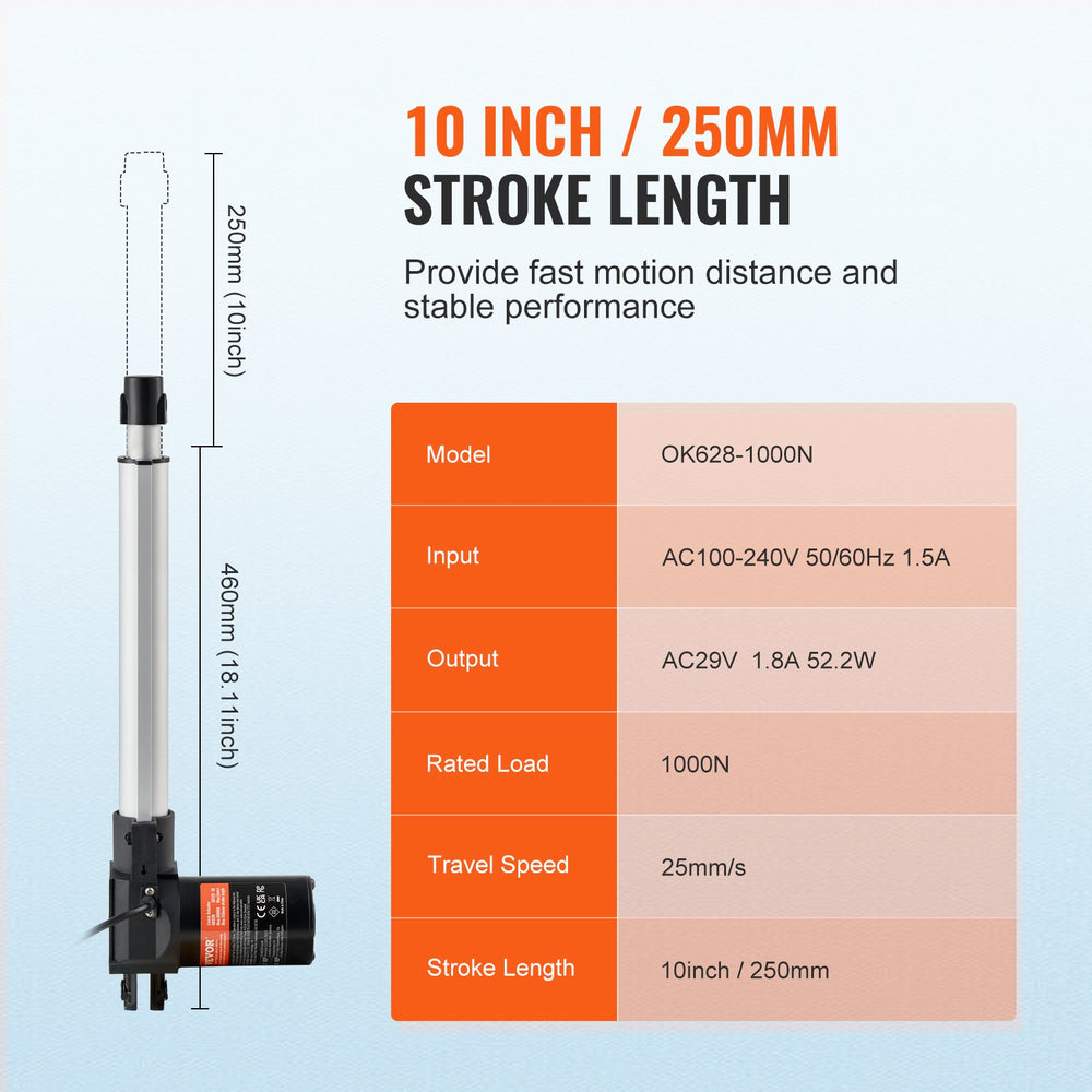 VEVOR 24V Linear Actuator Kit 25.4 cm 2.5 cm/s 99.8 kg/1000N with IP44 Protection