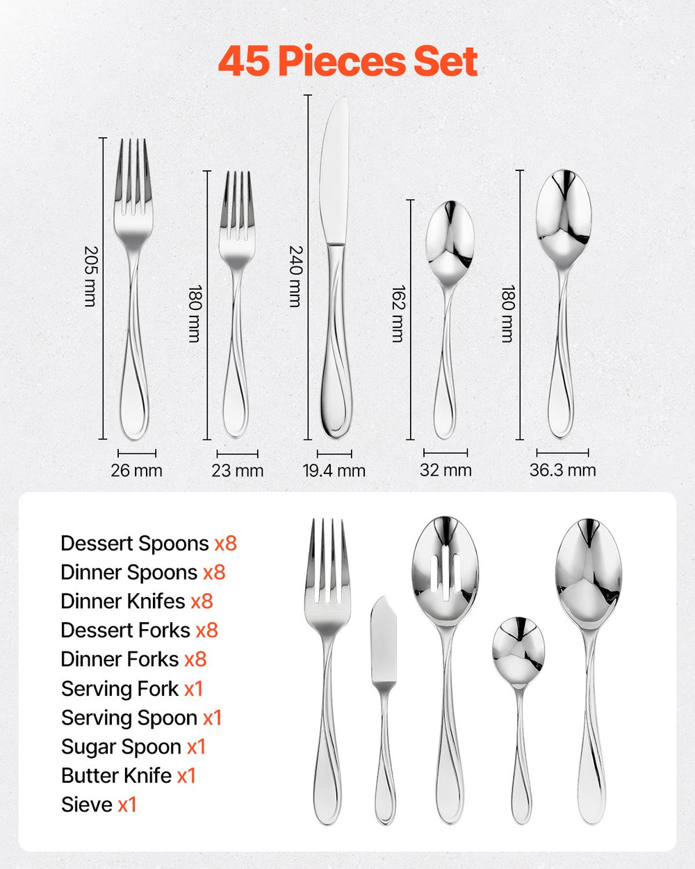 VEVOR 45-Piece Silverware Set, Food-Grade Stainless Steel Flatware Utensils, Mirror Finished Cutlery Set, Dishwasher Safe Eating Tableware for Kitchen Home, Service for 8, Include Knife Fork Spoon