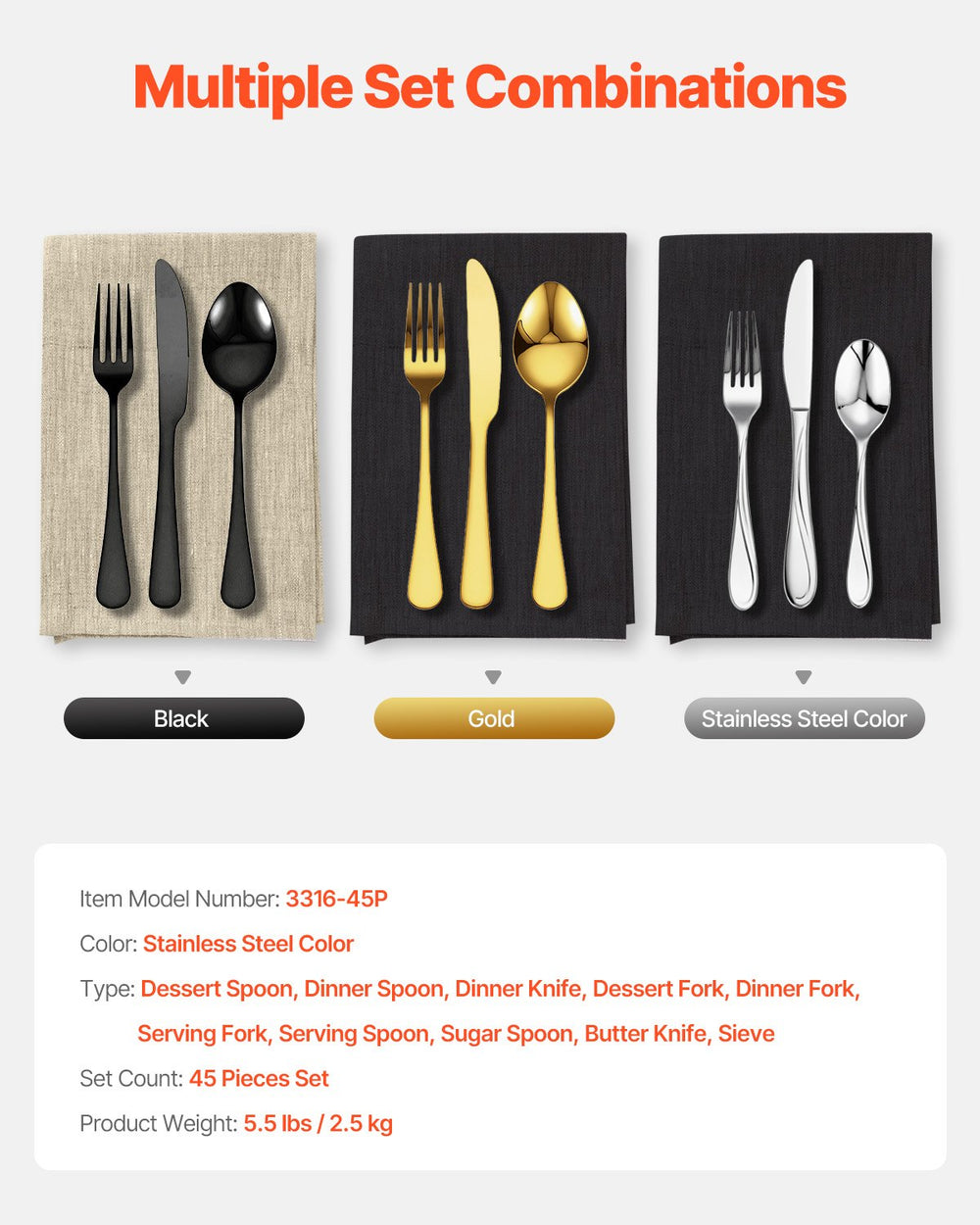 VEVOR 45-Piece Silverware Set, Food-Grade Stainless Steel Flatware Utensils, Mirror Finished Cutlery Set, Dishwasher Safe Eating Tableware for Kitchen Home, Service for 8, Include Knife Fork Spoon