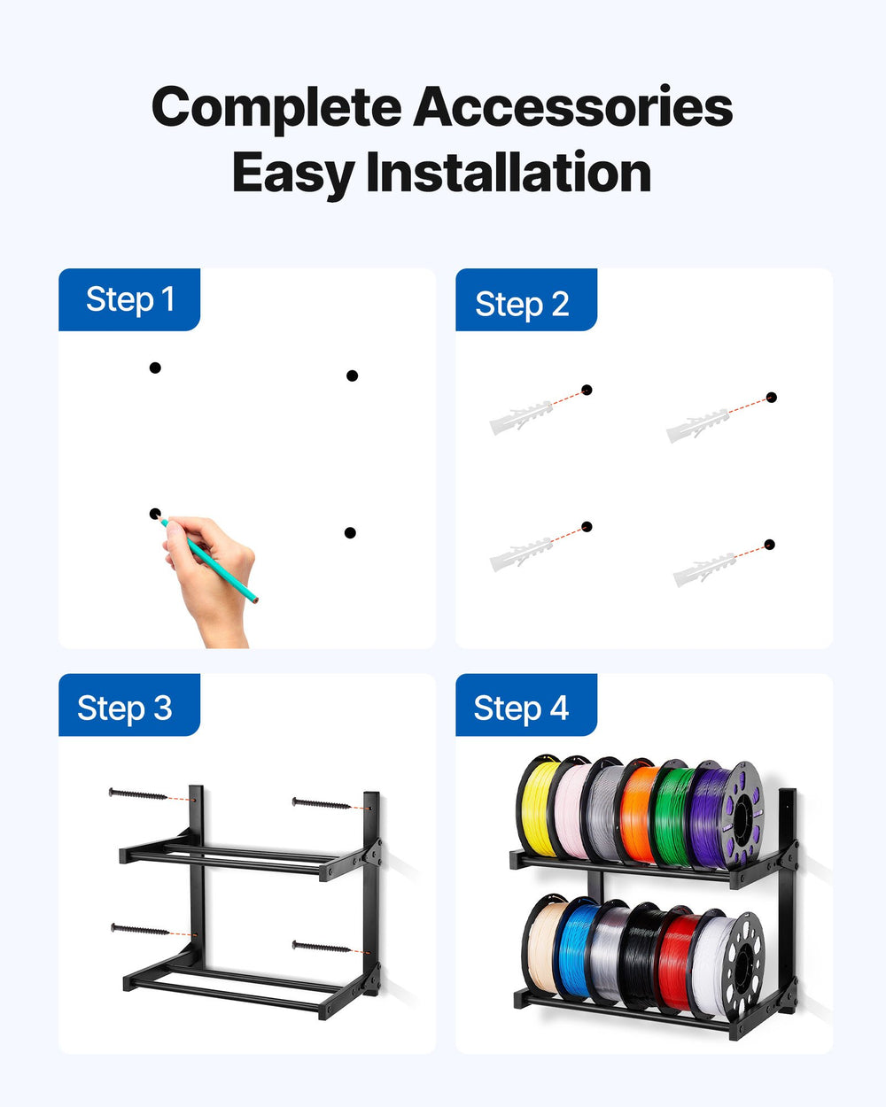 VEVOR Wall Mount Printer Filament Storage Rack, 2-Tier Wall Bracket Storage Shelf, Rolling Filament Spool Holders Racks with Wheels, Filaments Organzied for 3D Printing Studio, Workshop (Shelf Only)