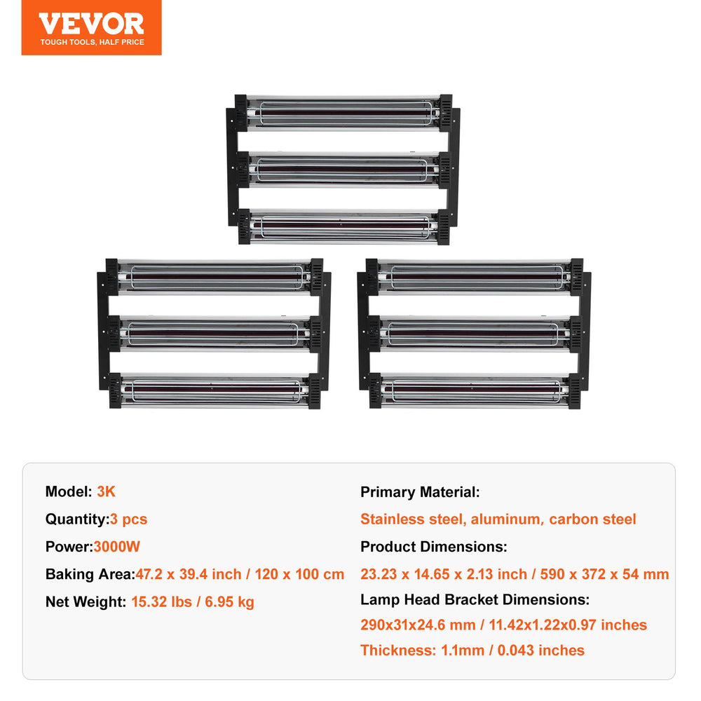 VEVOR 3x Paint Dryer Radiator Infrared Heater Infrared Lamp 3kW