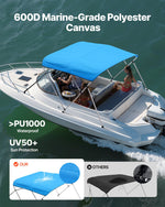 VEVOR 3 Bow Boat Bimini Tops, 600D Polyester Canopy with Aluminum Alloy Frame, Waterproof & Sun Shade Boat Awning Canopy with Storage Bag, 2 Support Poles, 4 Straps, 6'Lx(54"-60")Wx46"H, Pacific Blue