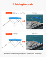 VEVOR 3 Bow Boat Bimini Tops, 600D Polyester Canopy with Aluminum Alloy Frame, Waterproof & Sun Shade Boat Awning Canopy with Storage Bag, 2 Support Poles, 4 Straps, 6'Lx(54"-60")Wx46"H, Pacific Blue