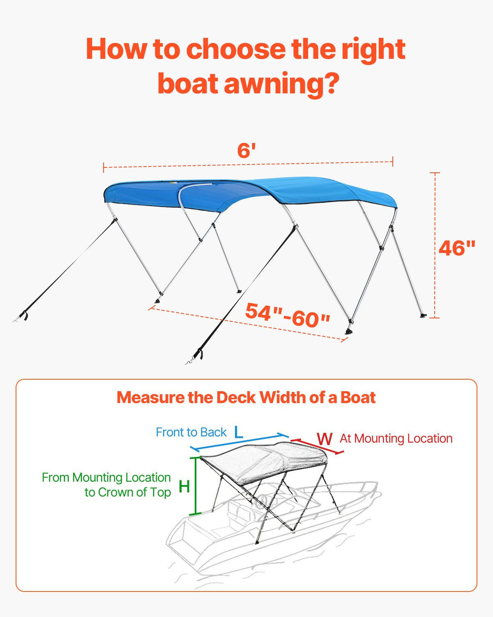 VEVOR 3 Bow Boat Bimini Tops, 600D Polyester Canopy with Aluminum Alloy Frame, Waterproof & Sun Shade Boat Awning Canopy with Storage Bag, 2 Support Poles, 4 Straps, 6'Lx(54"-60")Wx46"H, Pacific Blue