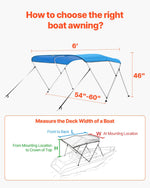 VEVOR 3 Bow Boat Bimini Tops, 600D Polyester Canopy with Aluminum Alloy Frame, Waterproof & Sun Shade Boat Awning Canopy with Storage Bag, 2 Support Poles, 4 Straps, 6'Lx(54"-60")Wx46"H, Pacific Blue