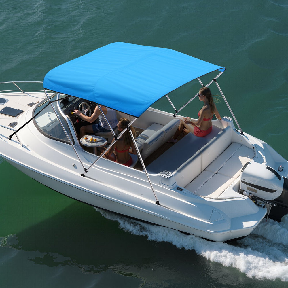VEVOR 3 Bow Boat Bimini Tops, 600D Polyester Canopy with Aluminum Alloy Frame, Waterproof & Sun Shade Boat Awning Canopy with Storage Bag, 2 Support Poles, 4 Straps, 6'Lx(54"-60")Wx46"H, Pacific Blue