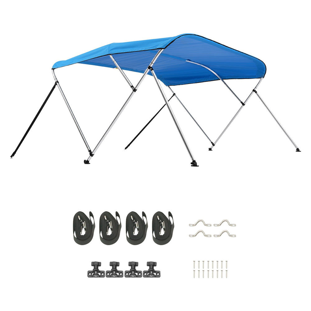 VEVOR 3 Bow Boat Bimini Tops, 600D Polyester Canopy with Aluminum Alloy Frame, Waterproof & Sun Shade Boat Awning Canopy with Storage Bag, 2 Support Poles, 4 Straps, 6'Lx(54"-60")Wx46"H, Pacific Blue