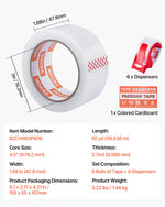 VEVOR Clear Packing Tape, 3 inches Core, 6 Rolls 1.88 Inches x 65 Yards Packing Tape with Dispenser, 2.7 Mil Heavy Duty Packaging Tape Designed for Moving, Storage and Packing, Shipping and Mailing