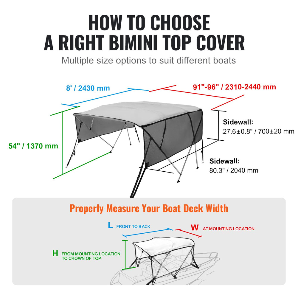 VEVOR 4 Bow Bimini Top Boat Cover, Detachable Mesh Sidewalls, 600D Polyester Canopy with 1" Aluminum Alloy Frame, Includes Storage Boot, 2 Support Poles, 2 Straps, 8'L x 54"H x 91"-96"W, Light Grey