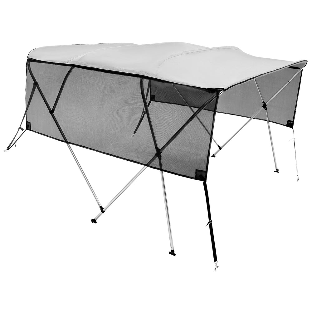 VEVOR 4 Bow Bimini Top Boat Cover, Detachable Mesh Sidewalls, 600D Polyester Canopy with 1" Aluminum Alloy Frame, Includes Storage Boot, 2 Support Poles, 2 Straps, 8'L x 54"H x 91"-96"W, Light Grey