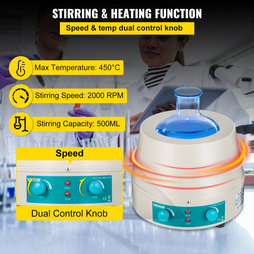 VEVOR 500ml Magnetic Stirrer Heating Mantle 250W Heating Mantle Stirrer Digital Display for Round Bottom Flask