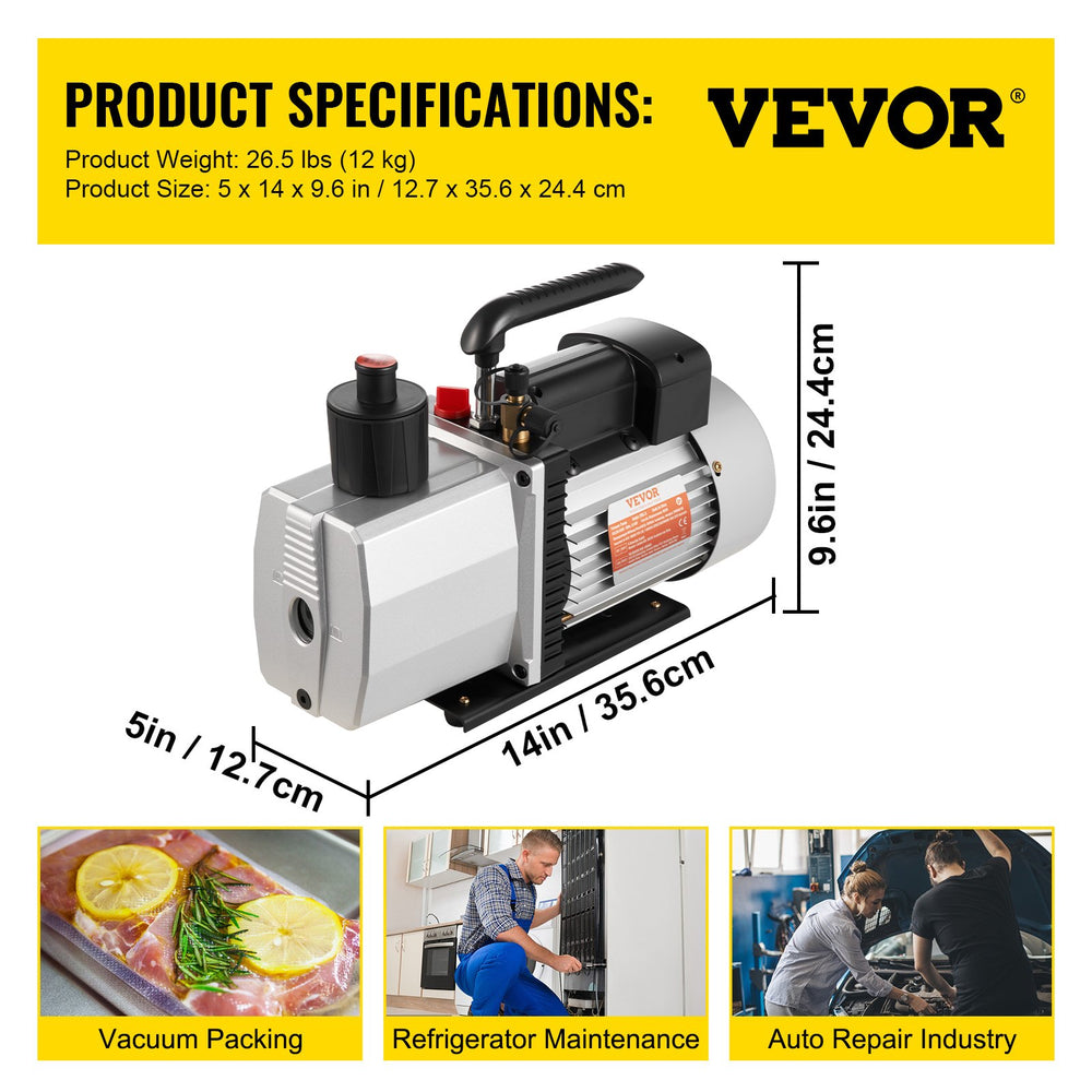 VEVOR 483 L/min(8 CFM) Two-Stage Rotary Vane Professional Vacuum Pump 15 Micron 559W(3/4 HP)