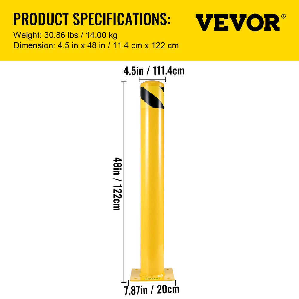 VEVOR Safety Bollard, 48 Inch Height Bollard Post, 4.5 Inch Diameter Steel Pipe Safety Bollard Post, Yellow Steel Bollard, Steel Safety Bollard with 8 Anchor Bolts, Perfect for Traffic-Sensitive Area