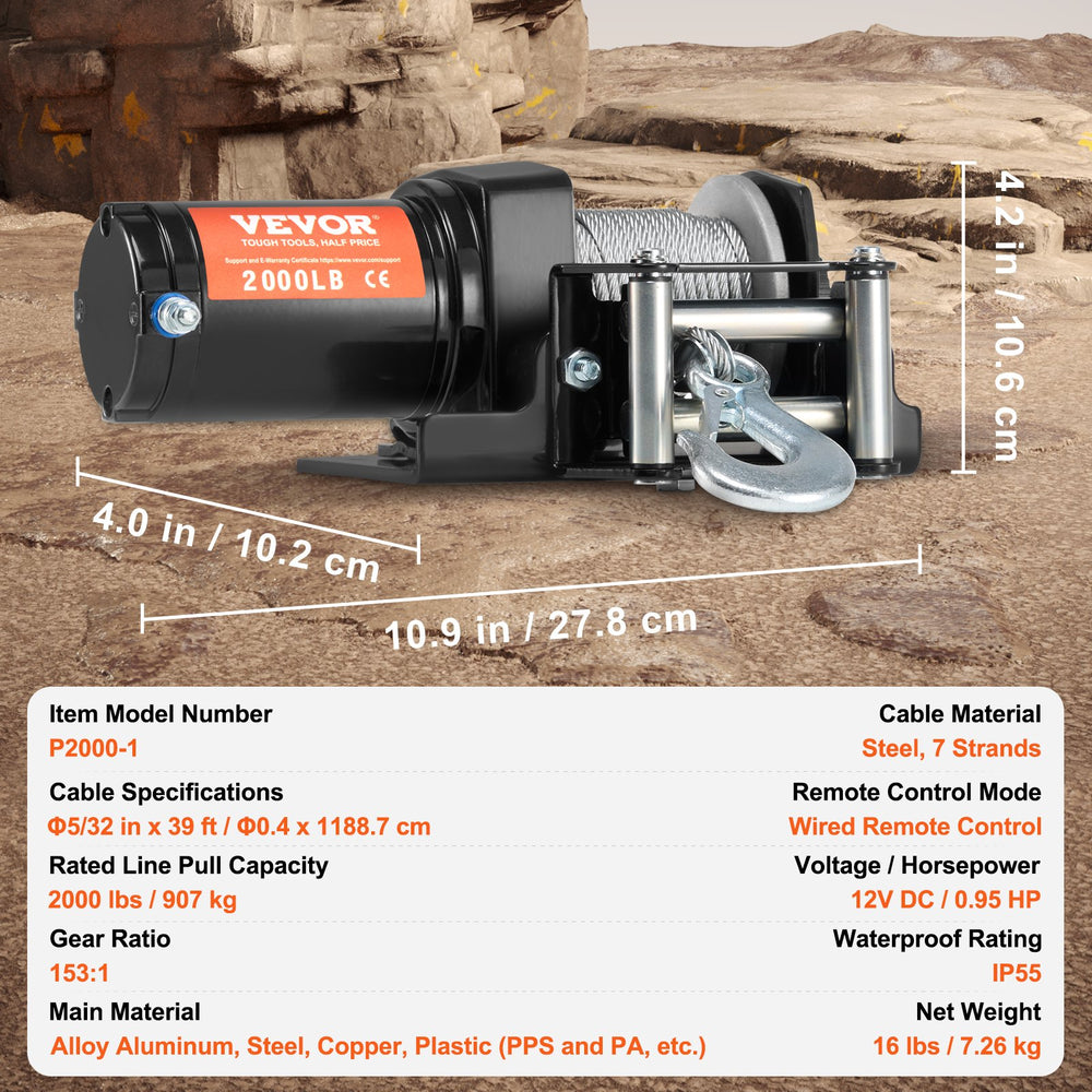 VEVOR Electric Winch ATV UTV 907.2 kg Steel Cable IP 55 Waterproof Wired Control