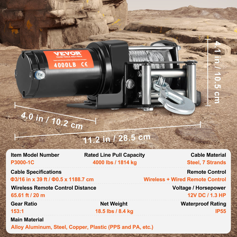 VEVOR Electric Winch ATV UTV 1814.4 kg Steel Cable IP55 Waterproof Remote Control