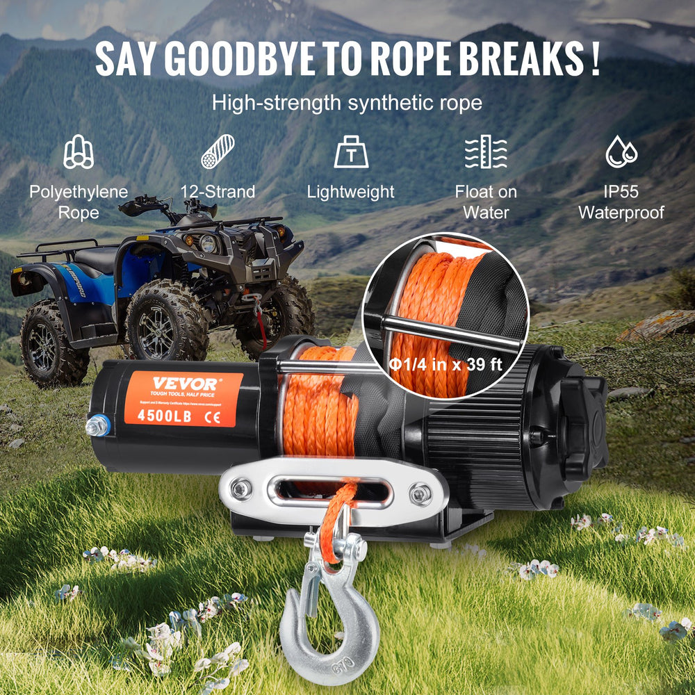 VEVOR Electric Winch ATV UTV 2041.2 kg Synthetic Rope Waterproof Remote Control