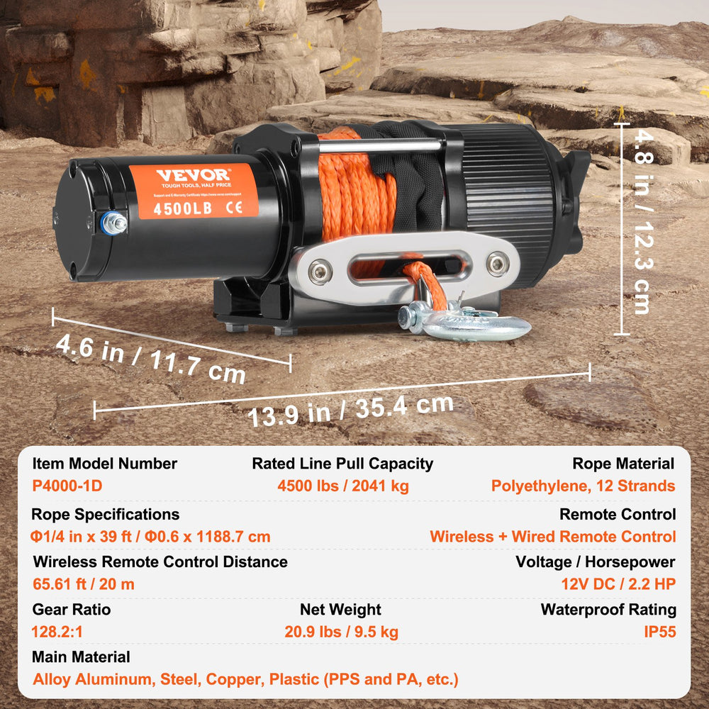 VEVOR Electric Winch ATV UTV 2041.2 kg Synthetic Rope Waterproof Remote Control