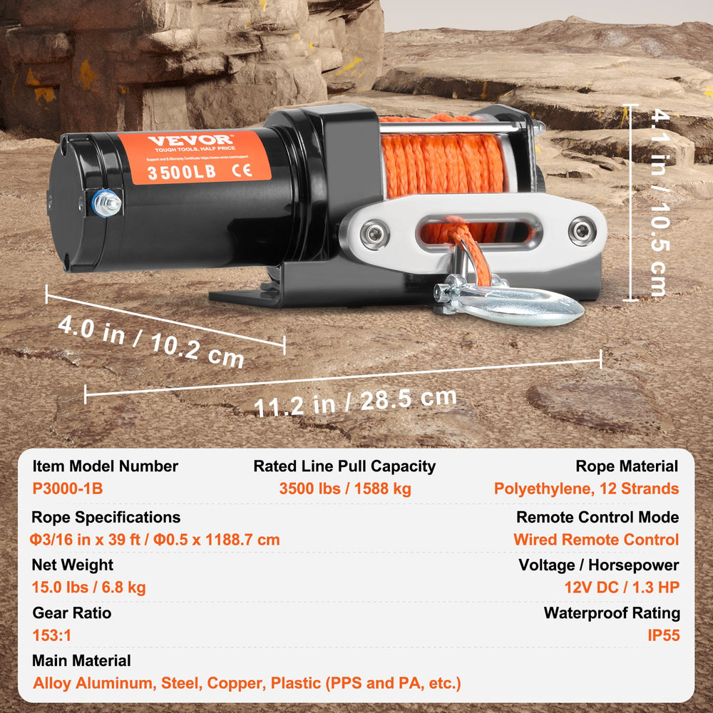 VEVOR Electric Winch ATV UTV 1587.6 kg Synthetic Rope Waterproof Wired Control
