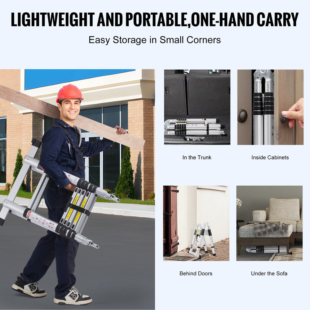 VEVOR Telescoping Ladder, 12.5FT A-Shape Aluminum Extension Ladder Lightweight, Multi-button Retraction Collapsible Ladder, 375 LBS Capacity w/ Stabilizer Bar, Multi-Purpose Ladders for RV, Camper