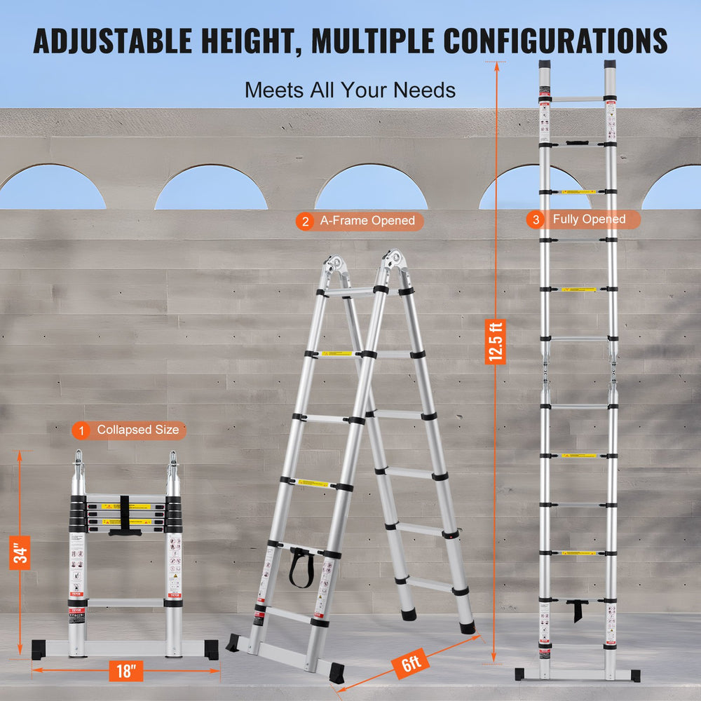 VEVOR Telescoping Ladder, 12.5FT A-Shape Aluminum Extension Ladder Lightweight, Multi-button Retraction Collapsible Ladder, 375 LBS Capacity w/ Stabilizer Bar, Multi-Purpose Ladders for RV, Camper