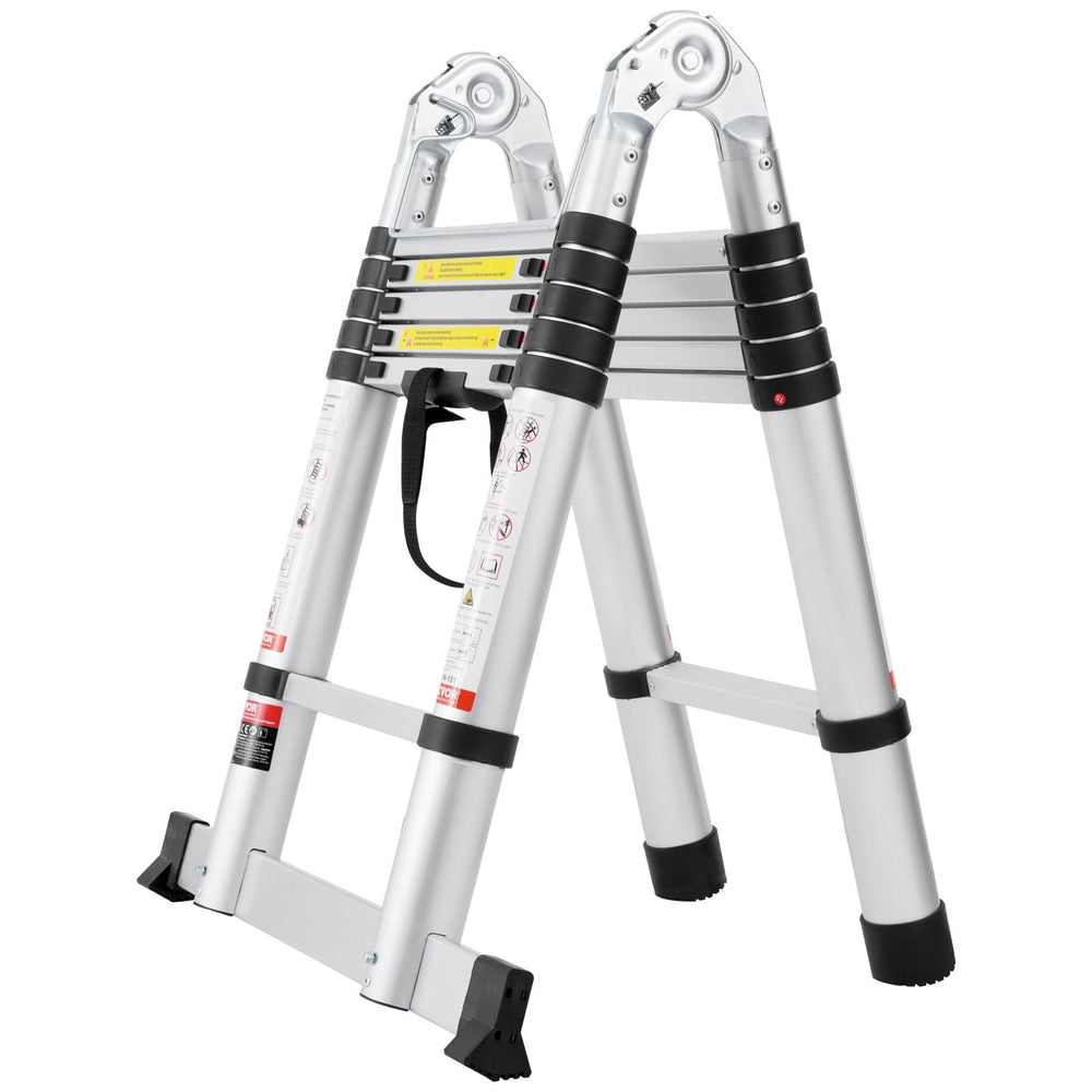 VEVOR Telescoping Ladder, 12.5FT A-Shape Aluminum Extension Ladder Lightweight, Multi-button Retraction Collapsible Ladder, 375 LBS Capacity w/ Stabilizer Bar, Multi-Purpose Ladders for RV, Camper