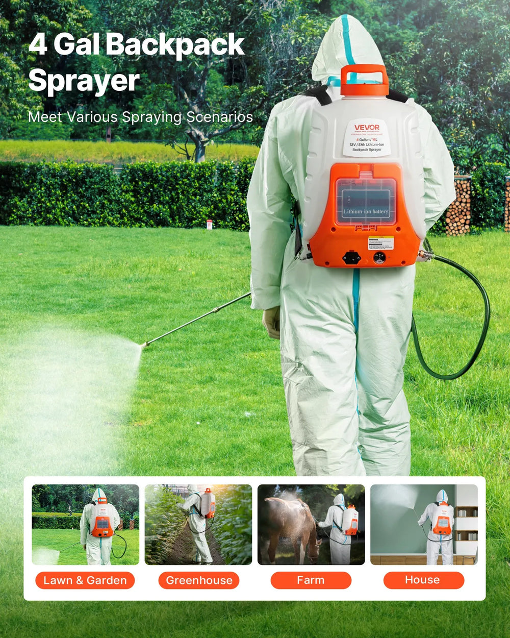 VEVOR Battery Powered Backpack Sprayer 15.1 L Tank 0-90 PSI Adjustable Pressure