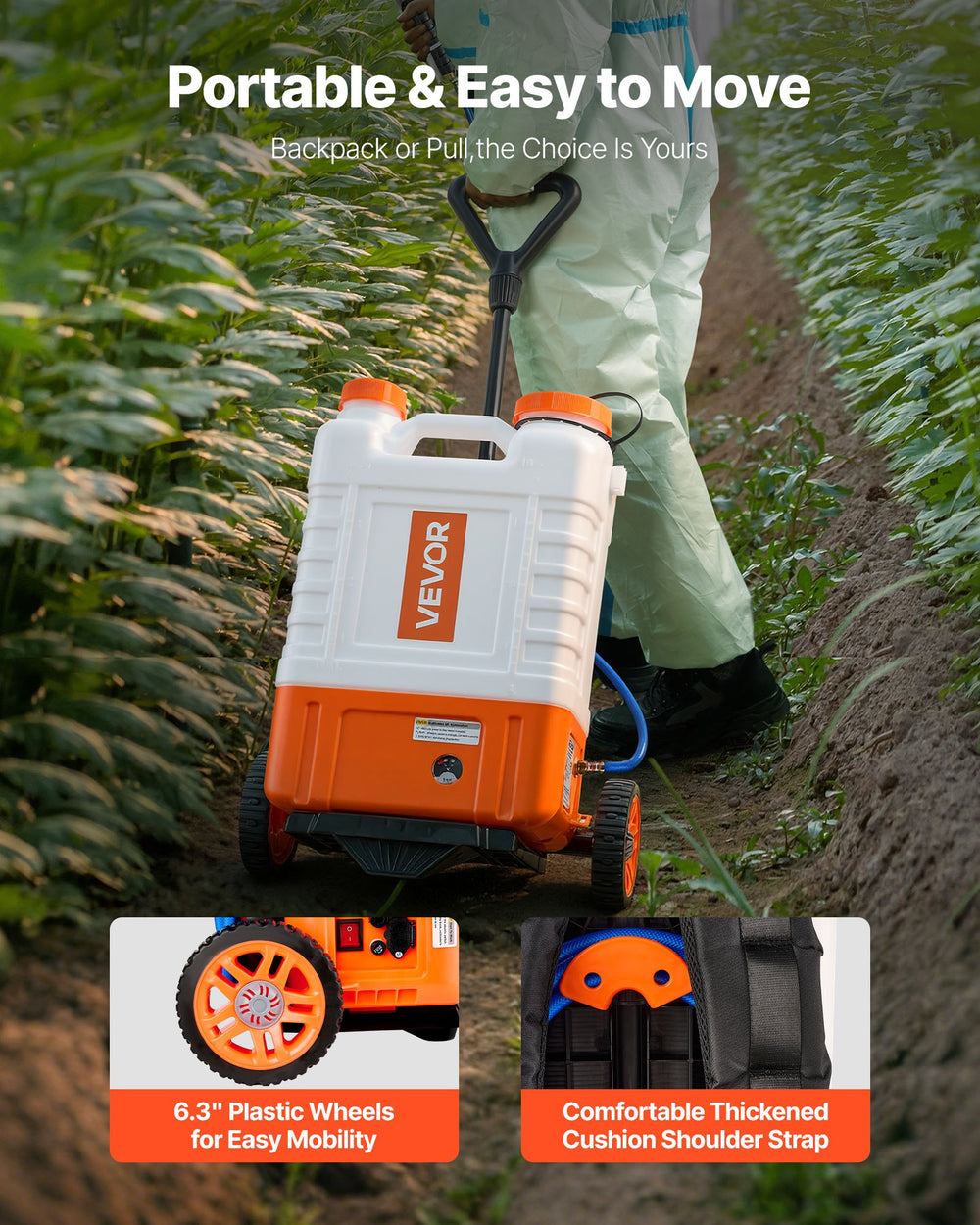 VEVOR Backpack Sprayer with Trolley, Adjustable Pressure 0-94 PSI, 15L Tank on Wheels, with 6 Nozzles, 2 Wands, Wide Mouth Lid for Garden, Weeding, Spraying, Cleaning