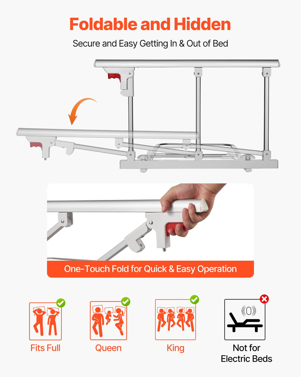 VEVOR Foldable Bed Rail for Elderly, 70 cm Bedside Assist Rail with Fixing Strap, Adjustable Height Pipe Bedside Cane, High-Strength Metal Senior Bed Bar, Hand Guard Grab Fits King, Queen, Full, Twin