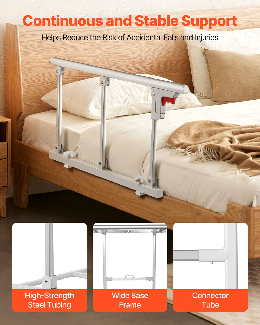 VEVOR Foldable Bed Rail for Elderly, 70 cm Bedside Assist Rail with Fixing Strap, Adjustable Height Pipe Bedside Cane, High-Strength Metal Senior Bed Bar, Hand Guard Grab Fits King, Queen, Full, Twin