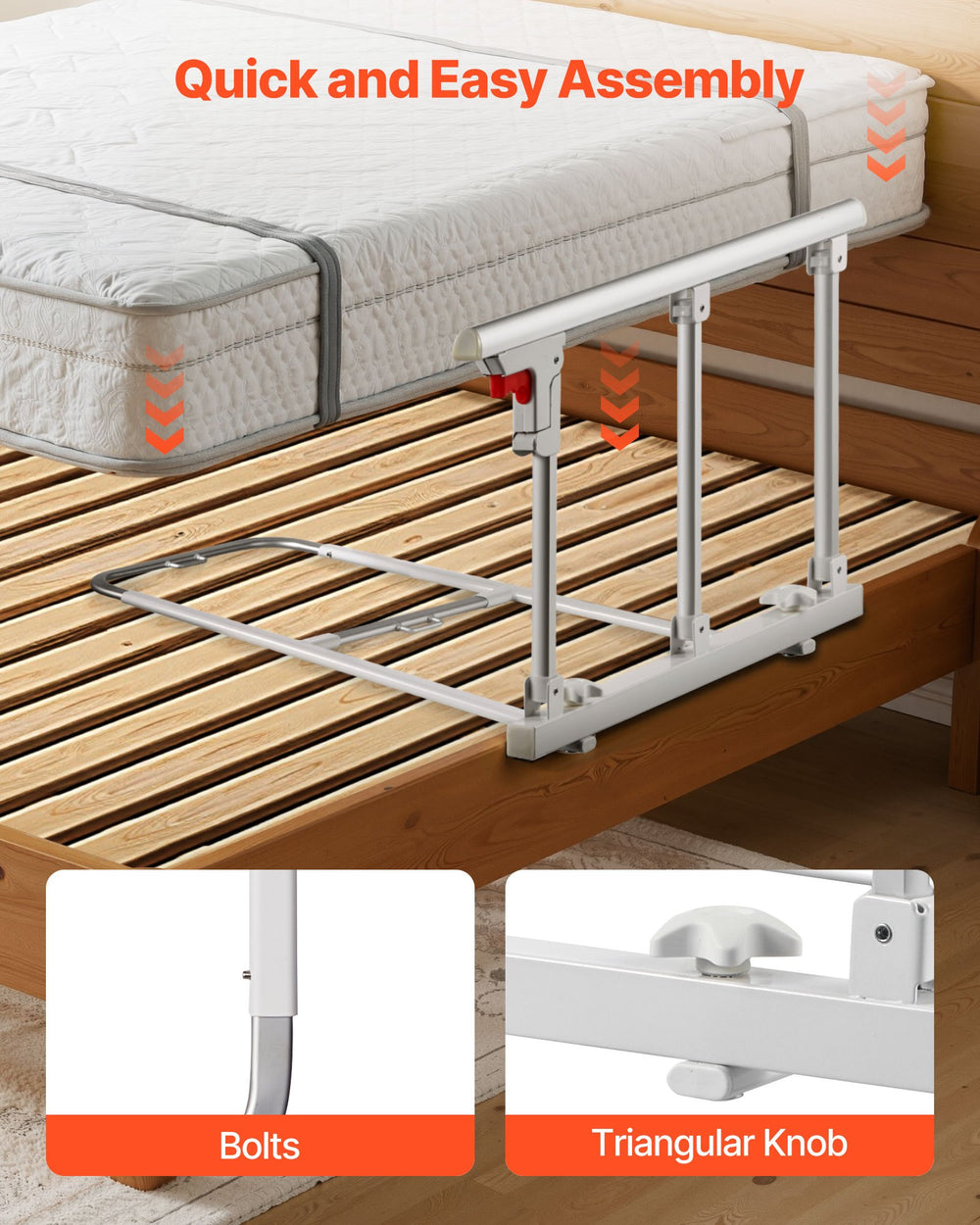 VEVOR Foldable Bed Rail for Elderly, 70 cm Bedside Assist Rail with Fixing Strap, Adjustable Height Pipe Bedside Cane, High-Strength Metal Senior Bed Bar, Hand Guard Grab Fits King, Queen, Full, Twin