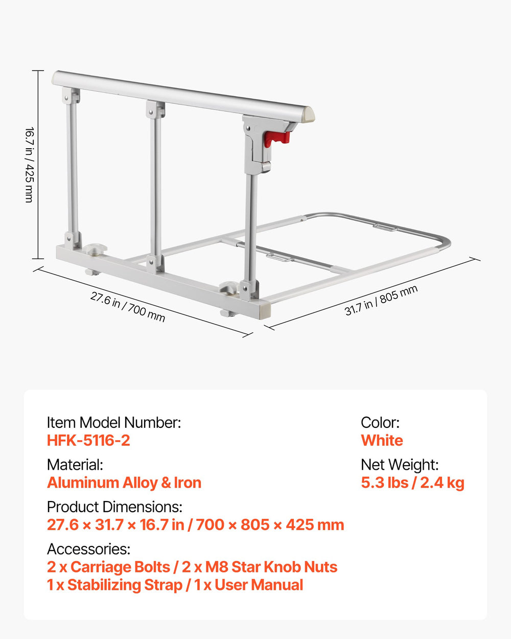 VEVOR Foldable Bed Rail for Elderly, 70 cm Bedside Assist Rail with Fixing Strap, Adjustable Height Pipe Bedside Cane, High-Strength Metal Senior Bed Bar, Hand Guard Grab Fits King, Queen, Full, Twin
