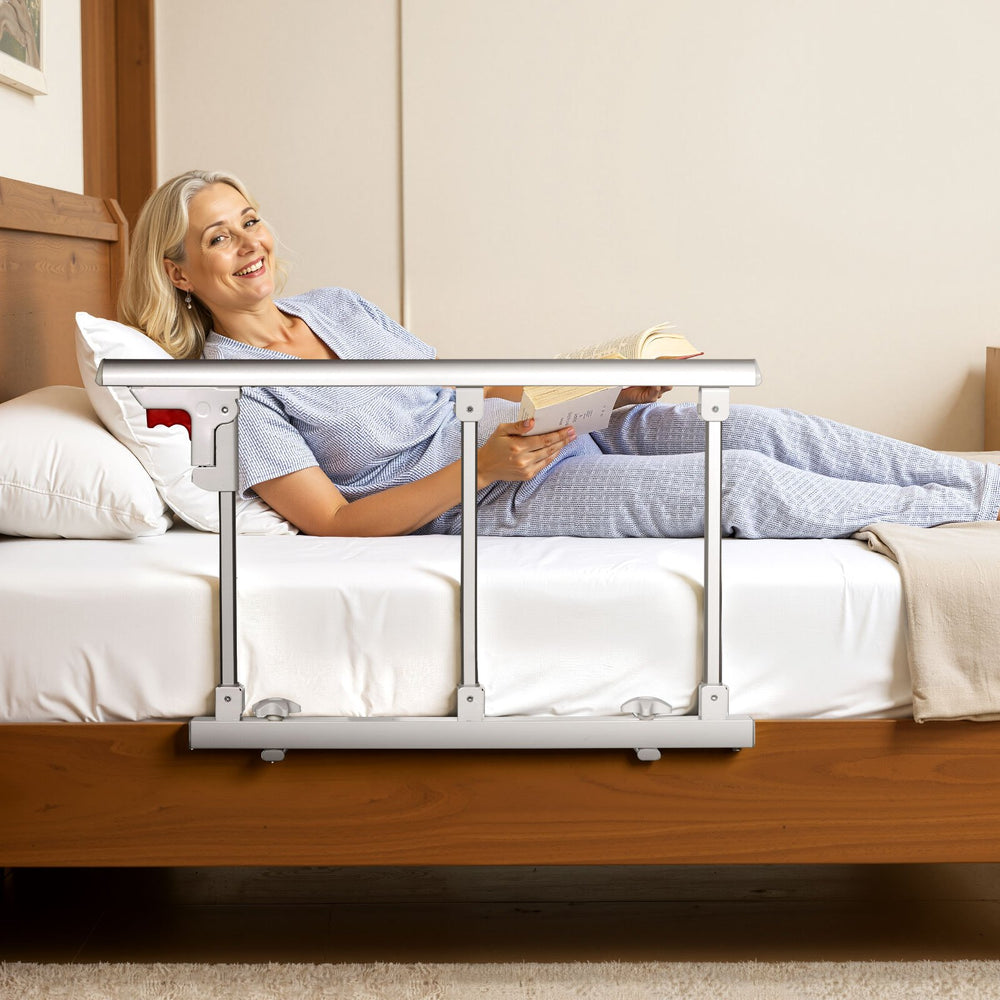 VEVOR Foldable Bed Rail for Elderly, 70 cm Bedside Assist Rail with Fixing Strap, Adjustable Height Pipe Bedside Cane, High-Strength Metal Senior Bed Bar, Hand Guard Grab Fits King, Queen, Full, Twin