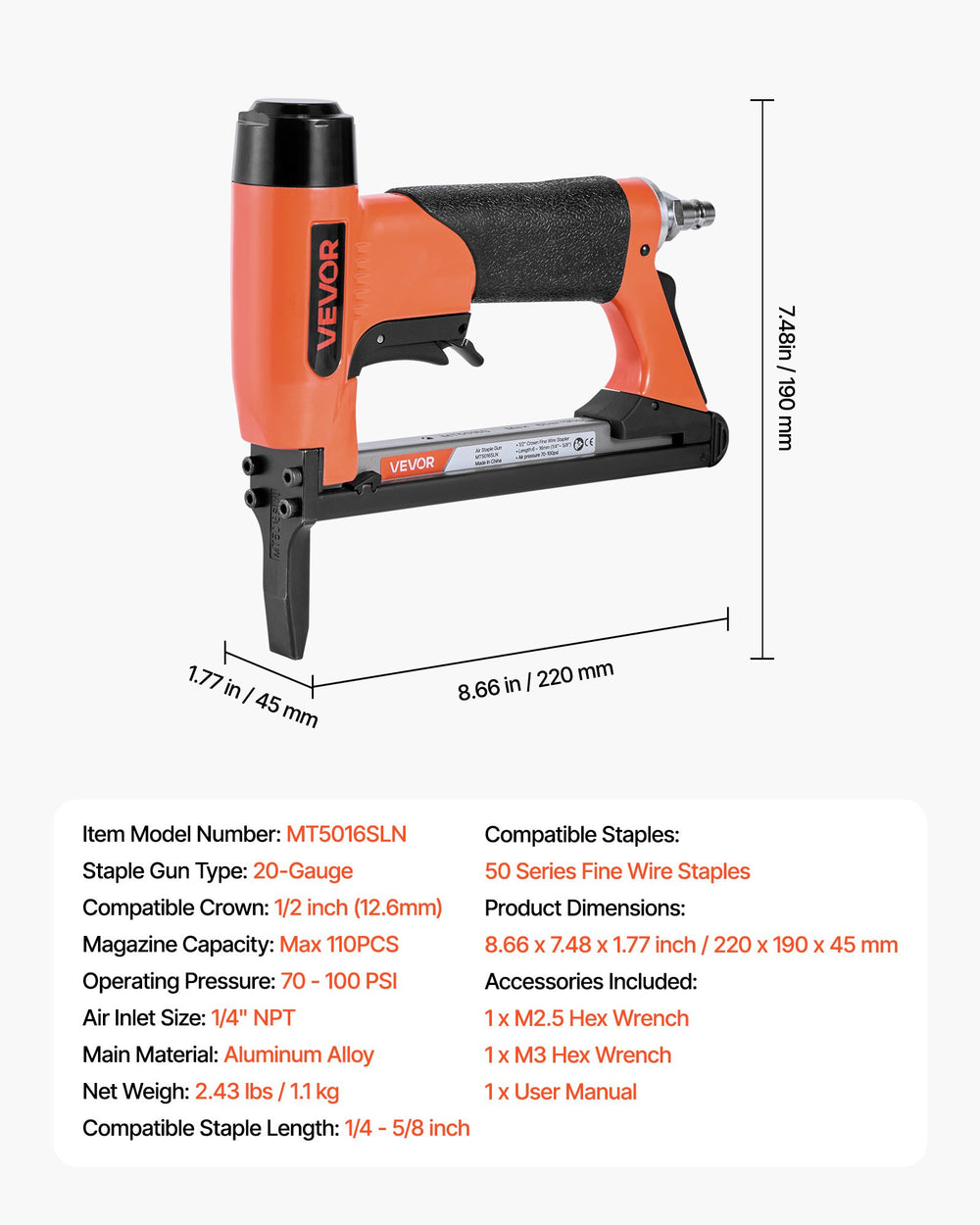 VEVOR Pneumatic Staple Gun, 20 Gauge Long-Nose Upholstery Stapler for 50 Series Fine Wire Staples 12.8mm Crown 6mm-16mm Length, Max 110PCS Loading Air Staple Gun for Upholstering, Woodworking, DIY