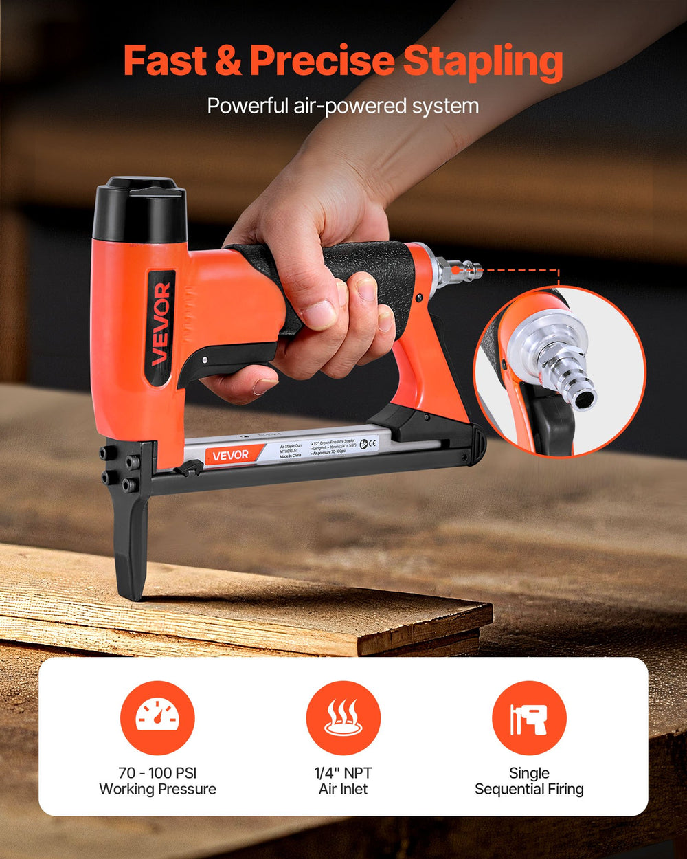 VEVOR Pneumatic Staple Gun, 21 Gauge Long-Nose Upholstery Stapler for 80 Series Fine Wire Staples 12.8mm Crown 6mm-16mm Length, Max 150PCS Loading Air Staple Gun for Upholstering, Woodworking, DIY