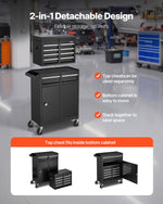 VEVOR Rolling Tool Chest, 2-in-1 Design, 5 Drawers Tool Cabinet Organizer with Detachable Top Metal Toolbox, Lock Bar, Protective Liner, and Tools Rack, Garage Storage Cabinet for Warehouse, Workshop