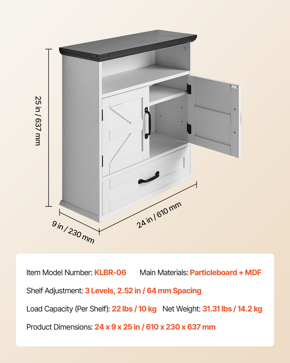 VEVOR Bathroom Wall Cabinet, 2 Doors & Adjustable Shelf, Over the Toilet Storage Medicine Cabinet Wall Mounted, Hanging Organizer with Drawer & Open Partition for Laundry Room Kitchen Restroom, White
