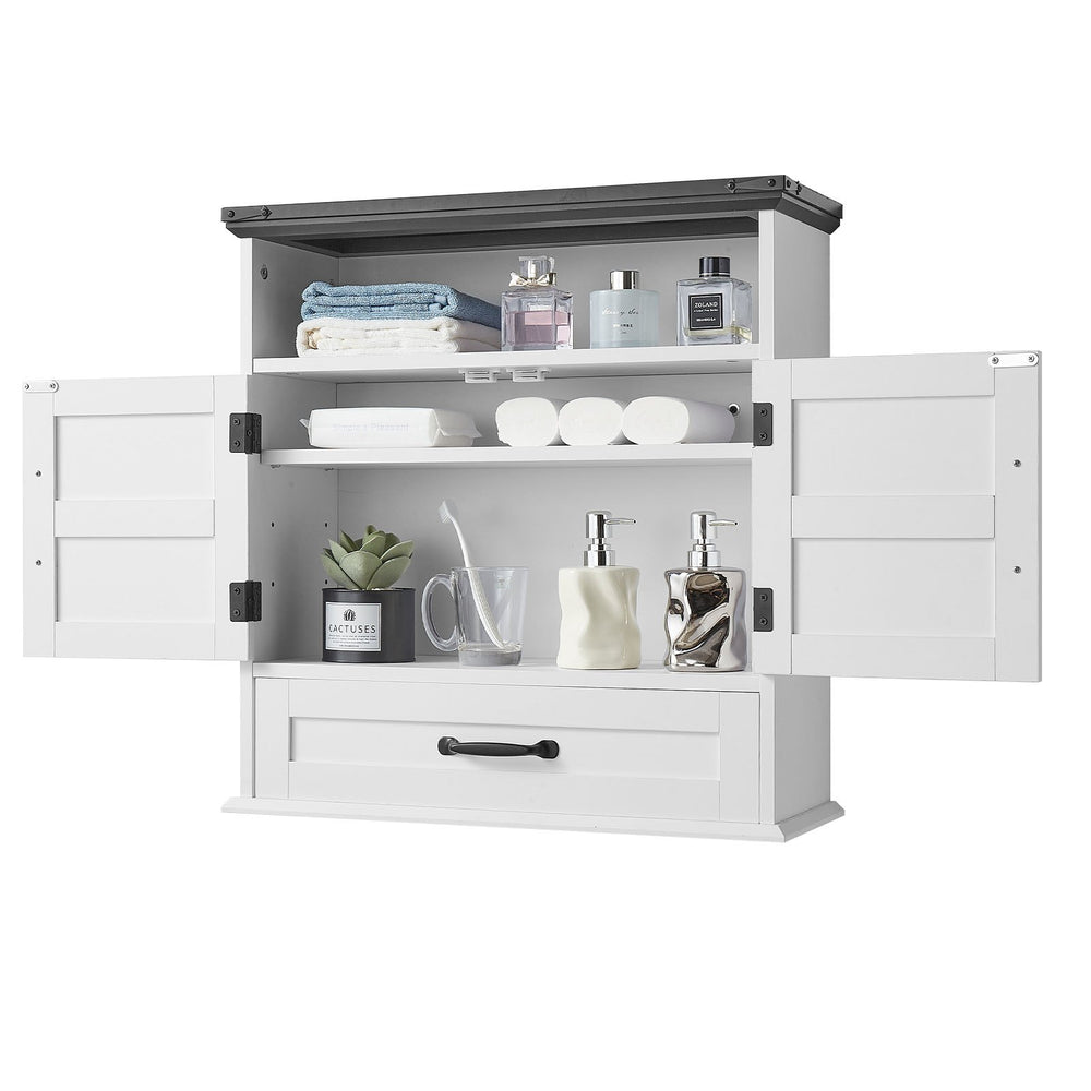 VEVOR Bathroom Wall Cabinet, 2 Doors & Adjustable Shelf, Over the Toilet Storage Medicine Cabinet Wall Mounted, Hanging Organizer with Drawer & Open Partition for Laundry Room Kitchen Restroom, White