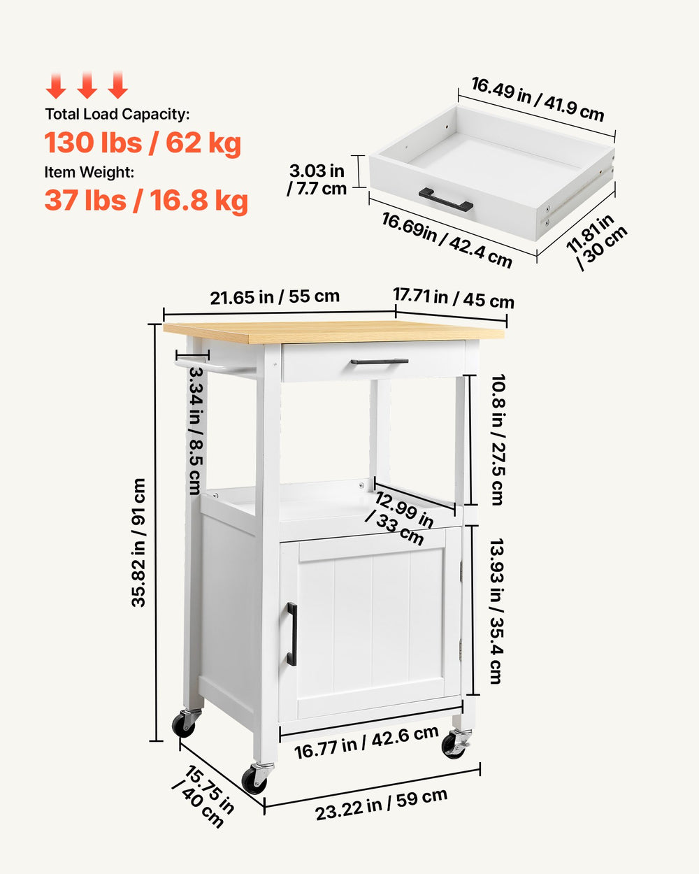 VEVOR Kitchen Island Cart with Single Door Cabinet, Mobile Carts with Drawer, Towel Rack, Hooks, Portable Table on Swivel Wheels, Small Coffee Islands Microwave Stand for Dining Room, 45x59cm, White