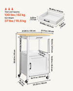 VEVOR Kitchen Island Cart with Single Door Cabinet, Mobile Carts with Drawer, Towel Rack, Hooks, Portable Table on Swivel Wheels, Small Coffee Islands Microwave Stand for Dining Room, 45x59cm, White
