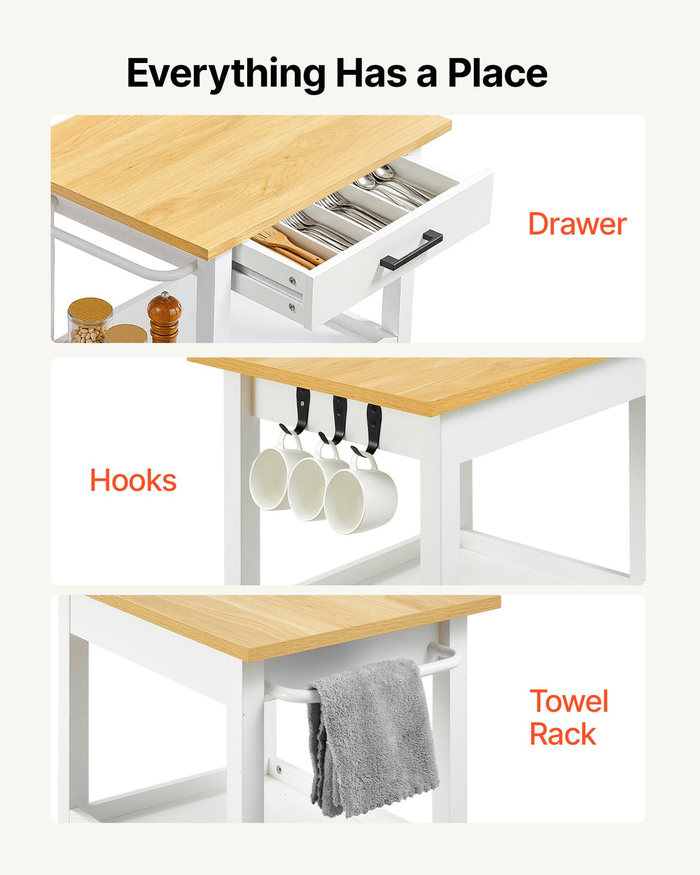 VEVOR Kitchen Island Cart with Single Door Cabinet, Mobile Carts with Drawer, Towel Rack, Hooks, Portable Table on Swivel Wheels, Small Coffee Islands Microwave Stand for Dining Room, 45x59cm, White