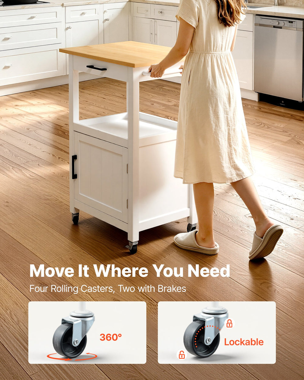 VEVOR Kitchen Island Cart with Single Door Cabinet, Mobile Carts with Drawer, Towel Rack, Hooks, Portable Table on Swivel Wheels, Small Coffee Islands Microwave Stand for Dining Room, 45x59cm, White