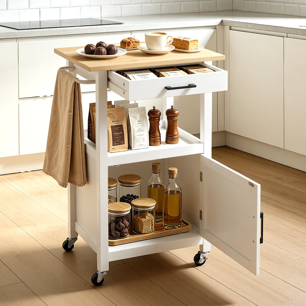 VEVOR Kitchen Island Cart with Single Door Cabinet, Mobile Carts with Drawer, Towel Rack, Hooks, Portable Table on Swivel Wheels, Small Coffee Islands Microwave Stand for Dining Room, 45x59cm, White