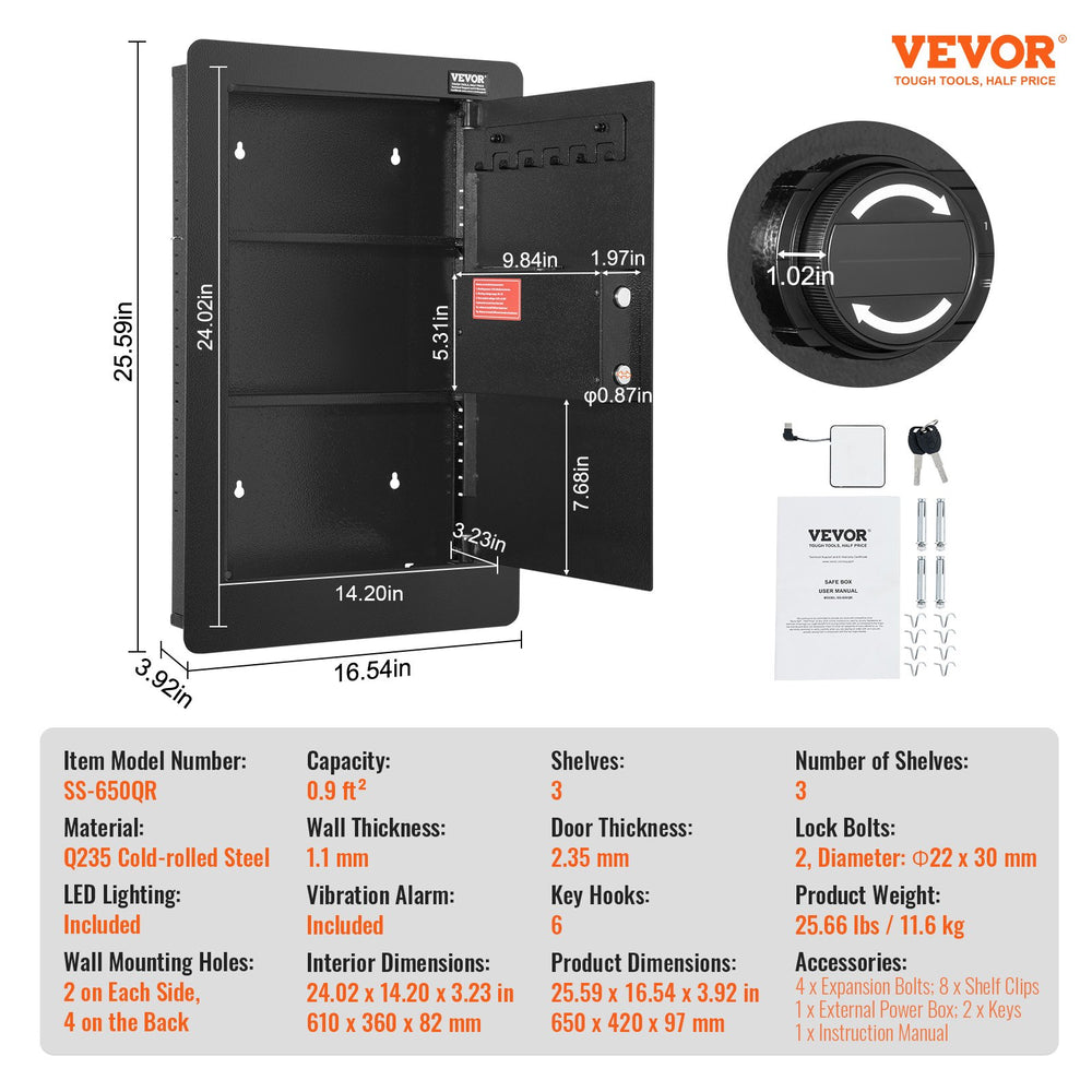 VEVOR 65 cm Tall Wall Safe 3-Tier Hidden Safe with Keypad Shelves & Key Holders