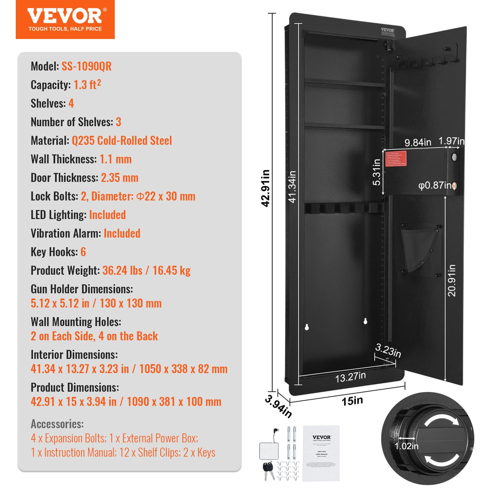 VEVOR 109 cm Tall Wall Gun Safe 4-Tier Hidden Gun Safe with Keypad & Fingerprint